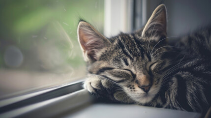 A cat peacefully sleeps on a window sill next to a closed window, basking in the warmth of the sunlight - obrazy, fototapety, plakaty