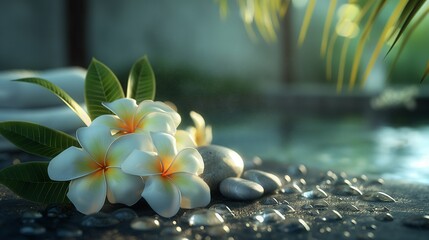 Frangipani Flowers with Wet Stones in Zen Spa