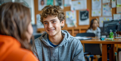 Happy teenager smiling during a conversation in classroom