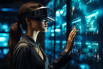 Woman with a glasses of Virtual Reality exploring the metaverse. VR headset and Girl. Modern technology and Technology of the future Concept. Generative Ai.