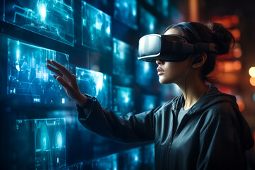 Woman with a glasses of Virtual Reality exploring the metaverse. VR headset and Girl. Modern technology and Technology of the future Concept. Generative Ai.