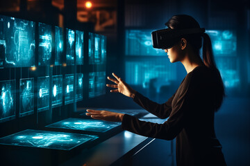 Woman with a glasses of Virtual Reality exploring the metaverse. VR headset and Girl. Modern technology and Technology of the future Concept. Generative Ai.