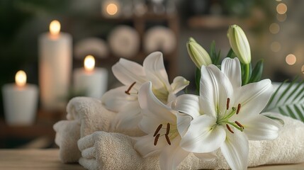 Fototapeta na wymiar Spa Concept with White Lilies and Candles