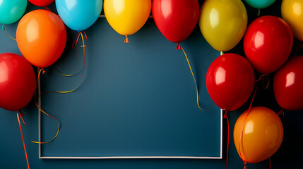 Colourful party balloons on dark background with copy space for text. - obrazy, fototapety, plakaty