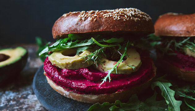 bagel, rote, beete, hummus, avocado, belegt, belegtes, neu, essen, fr&uuml;hst&uuml;ck, snack, Imbiss, gesund, lunch, modern, Makro, rucola, salat, vollkorn, sesam, k&ouml;rner, br&ouml;tchen, laugenbr&ouml;tchen, lauge, 1