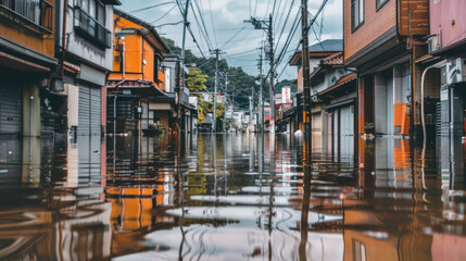 A flooded street with residential houses in the background, surrounded by water. Power lines stretch across the scene, hinting at the impacts of flooding on infrastructure