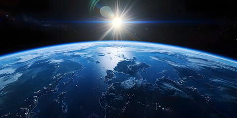 Obraz premium wide shot of the earth from space, blue horizon, black sky, bright sun in upper 