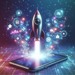 Rocket coming out of phone screen, innovation and creativity concept, background.