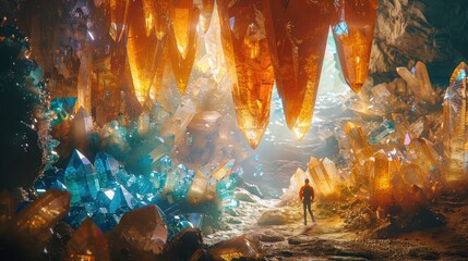 banner background National Geologist Day theme, and wide copy space, An imaginative scene of a tiny geologist exploring a giant crystal cave, filled with sparkling gems, 