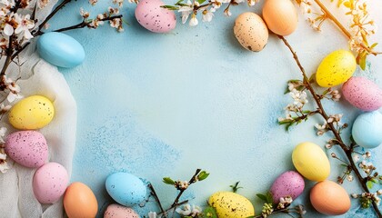 Fototapeta na wymiar colorful small easter eggs with flowering branches on a light blue background with copy space