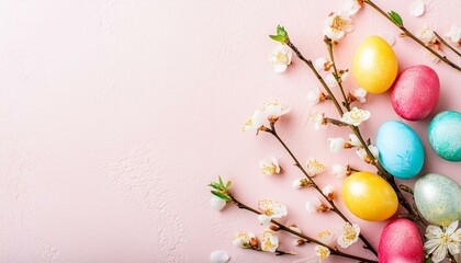 Obraz na płótnie Canvas colorful small easter eggs with flowering branches on a light pink background with copy space