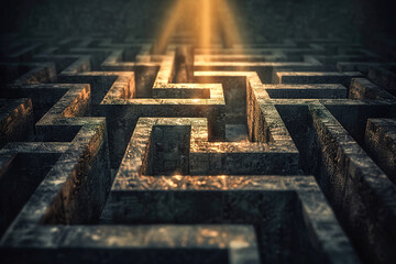 A maze with a spotlight shining on the exit, representing strategic thinking and finding solutions amidst complexity.