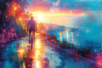 Capture the exhilarating perspective of a bicycle rider on a winding road at dawn, the sun casting a warm glow on the surroundings, in vibrant oil painting - obrazy, fototapety, plakaty