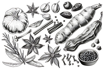 Drawing Black white ink style set of spices commonly used in Thai cuisine on white background. Clipping path included.