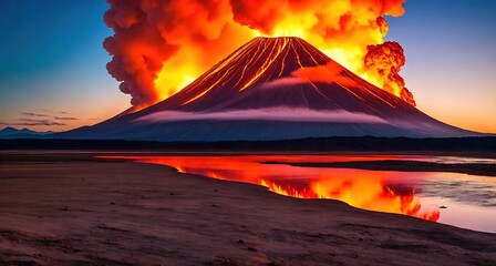 A volcano erupting with lava flowing down its sides. The sky is orange and the sun is setting behind the volcano.