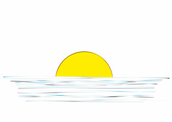 sunrise or sunset over the sea, sketch, sun and lake, color icon, vector image