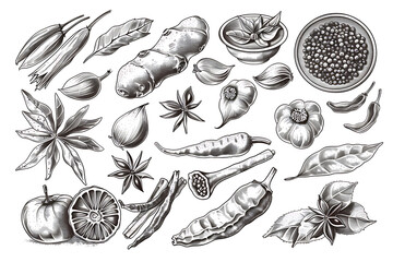 Drawing Black white ink style set of spices commonly used in Thai cuisine on white background. Clipping path included.