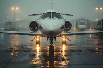 Serene Jet Repose in Rainy Ambiance. Concept Rainy Day, Relaxing Atmosphere, Tranquil Setting, Jetting Off, Quiet Retreat