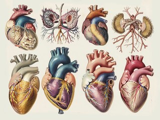 A series of illustrations depicting the evolution of the vertebrate heart from fish to mammals, focusing on structural changes