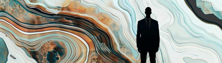A silhouette of a businessman, filled with swirling agate patterns, set against a stark white background, symbolizing depth beneath the surface - obrazy, fototapety, plakaty