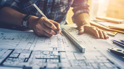 an individual architect engrossed in the process of drafting architectural blueprints