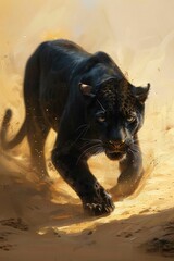 A sleek panther, crouched and ready to pounce, its coat a dark, shifting sand texture against the light background