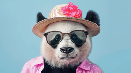 A panda bear looking cool and trendy with sunglasses and a hat on - obrazy, fototapety, plakaty