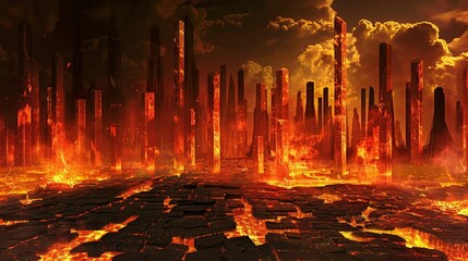 An infernal landscape where the ground is made of stone bricks, cracked and glowing with lava, with towering bar graphs showing the rising temperatures of various hells - obrazy, fototapety, plakaty