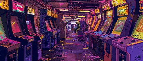 Create an image of a 90sstyle arcade adorned with chainsaw carvings of financial symbols, with drip paintings depicting the thrill of investing