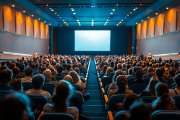 Audience watching blank screen in movie theater