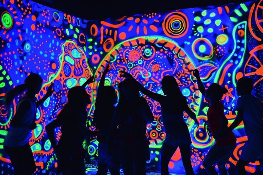 Create a blacklight painting of a pizza party in full swing, with guests dancing amidst a backdrop of colorful Konnado patterns