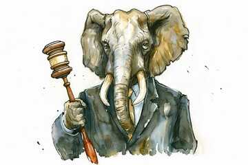 Elephant lawyer in a suit, holding a gavel in trunk, crafted in watercolor against a white background