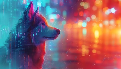 Craft a 3D rendering of a Siberian husky in awe, its tail pointing towards a floating bitcoin symbol with a glitch art twist, showcasing a futuristic and surreal scene Digital Rendering Techniques, ey