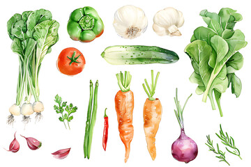 Watercolor painting realistic Set vegetables on white background. Clipping path included.