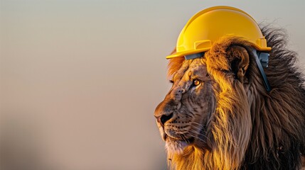 In the soft, ethereal light of dawn, a majestic lion dons a vibrant yellow safety helmet, its gaze...