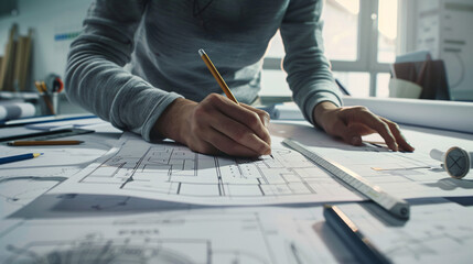 an individual architect engrossed in the process of drafting architectural blueprints