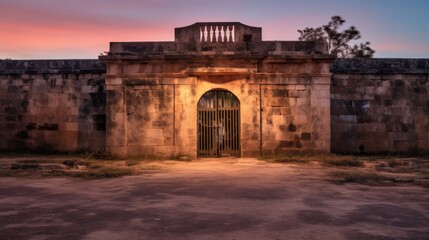 Castle gate illuminated by twilight