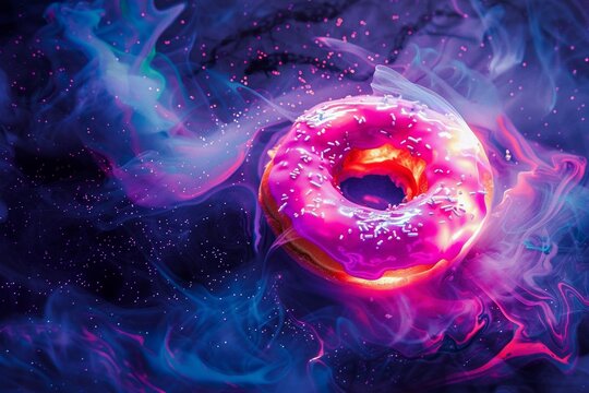 Generate an image of a glowing donut suspended in a surreal blacklight painting, surrounded by cosmic swirls and stars