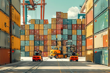 Workers maneuver forklifts around towering stacks of shipping containers at a bustling port, maritime logistics. - obrazy, fototapety, plakaty