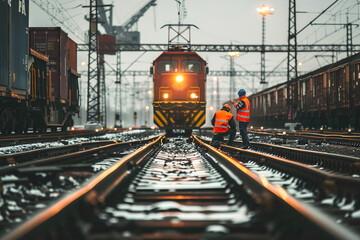 Railway engineers inspect tracks as a freight train passes by, meticulous maintenance, safe and efficient rail transportation. - obrazy, fototapety, plakaty