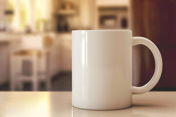 White blank coffee mug standing on table top with blurred kitchen background. Blank coffee cup mug mockup template