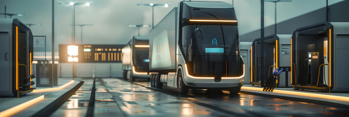 A fleet of electric trucks charges at a futuristic depot, shift towards sustainable transportation in urban logistics. - obrazy, fototapety, plakaty