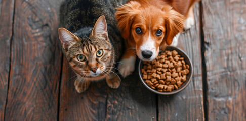 Cat and dog side by side eating pet food