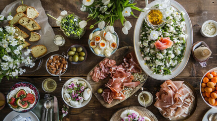 A wooden table covered with various plates of food like steak, salad, bread, and fruit