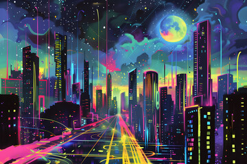 Futuristic Neon Cityscape Depicting Lively NightLife in a Bustling Metropolis