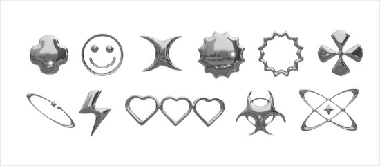 y2k isolated chrome metal elements set. Set of trendy 3D steel elements on a transparent background