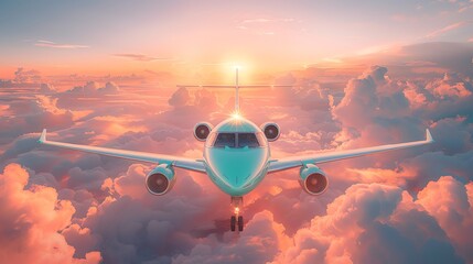 Design a realistic oil painting depicting a modern executive jet in a dynamic frontal view, with the company name elegantly integrated into the sky as if soaring to new heights - obrazy, fototapety, plakaty