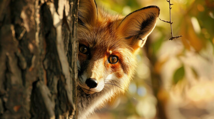 Fototapeta premium A red fox cautiously peeking out from behind a tree in a forest setting