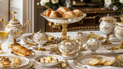 Naklejka premium A variety of colorful dishes fill a large dining table, showcasing a feast of food ready to be enjoyed