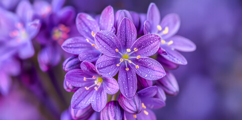 Close-up of purple hydrangea flowers with morning dew